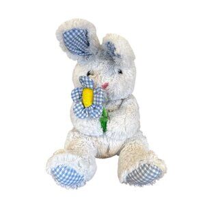 New Concepts Plush White Easter Bunny Rabbit Blue Gingham Flower Spring Toy
